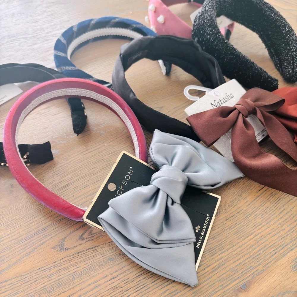 9 Piece Women’s Hair‎ Accessory Lot New Pink Black Blue Brown Gray Hearts Bows